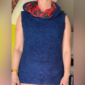 Royal blue furry tunic with contrast lining on hood, dumb clothing, size L,